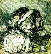 sittande kvinna och man i slangkappa, Francisco de goya y Lucientes